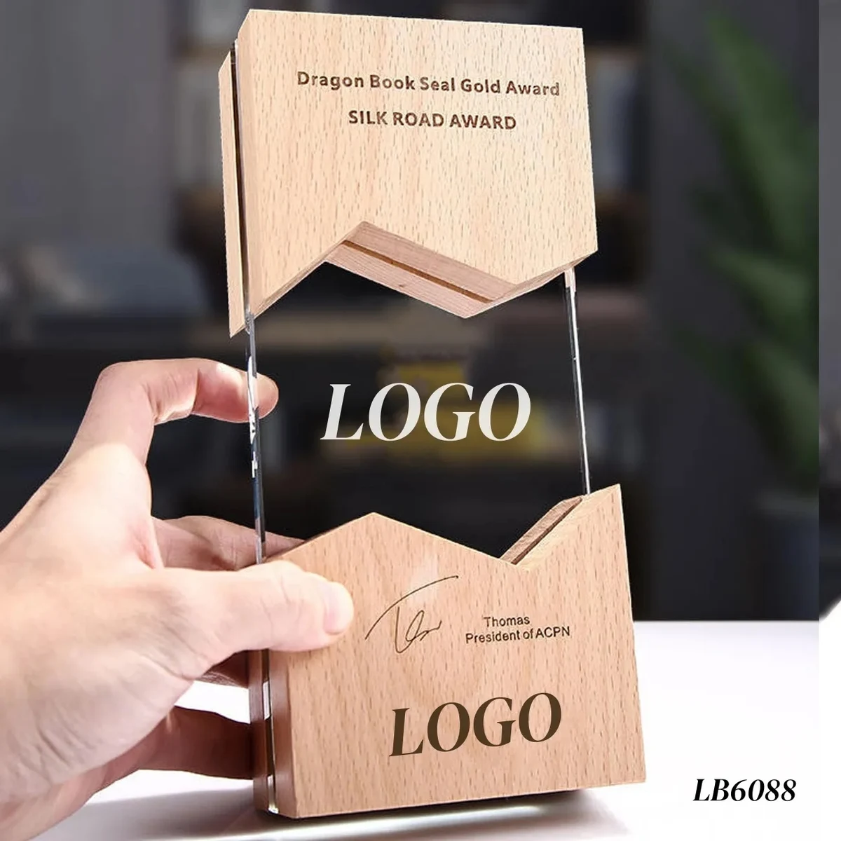 Wooden Plaque Crystal Throphy Award Engraved 1