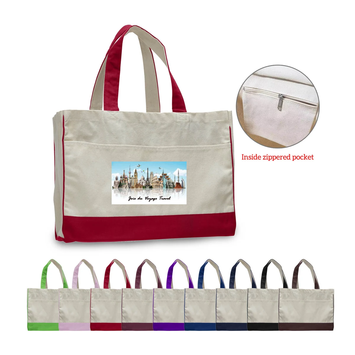 12 oz. Cotton Canvas Self Fabric Handles Tote Bag/w inside zipper pocket_R114BT 1