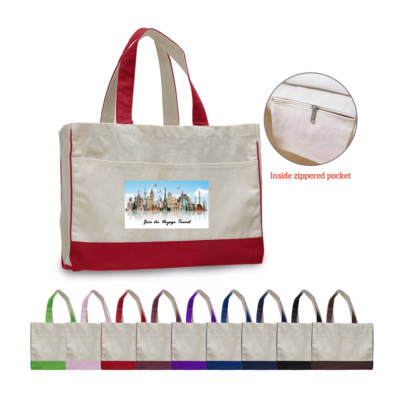 12 oz. Cotton Canvas Self Fabric Handles Tote Bag/w inside zipper pocket_R114BT