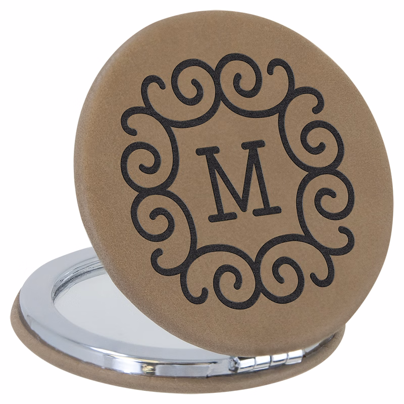 2 1/2" Light Brown Leatherette Compact Mirror
