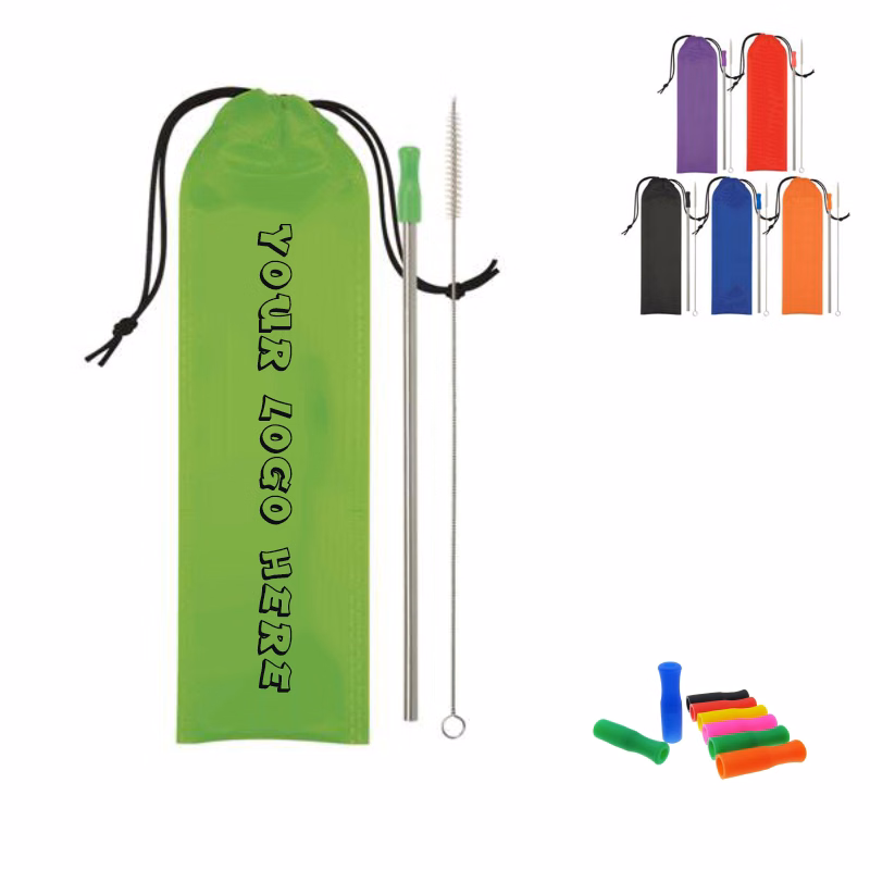 Silicone Tip Stainless Steel Drinking Straw Kit w/ Pouch