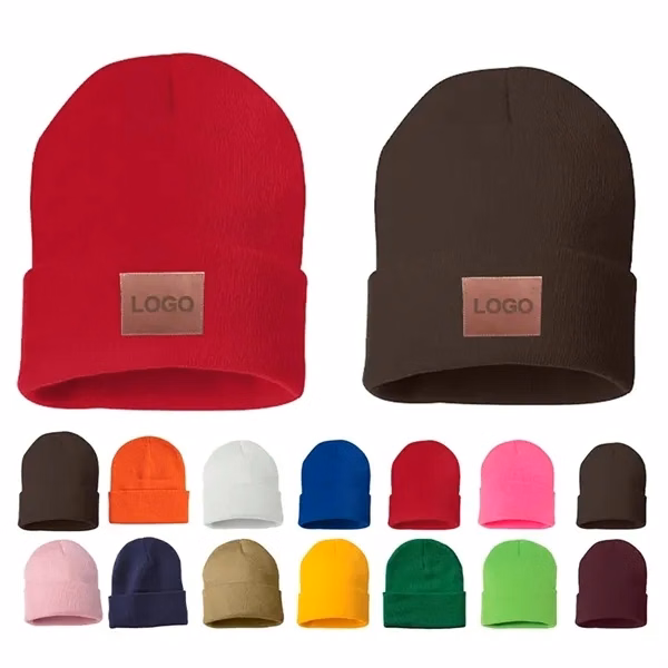Custom Heathered Acrylic Cuffed Beanie with PU Leather Patch — Winter Promo