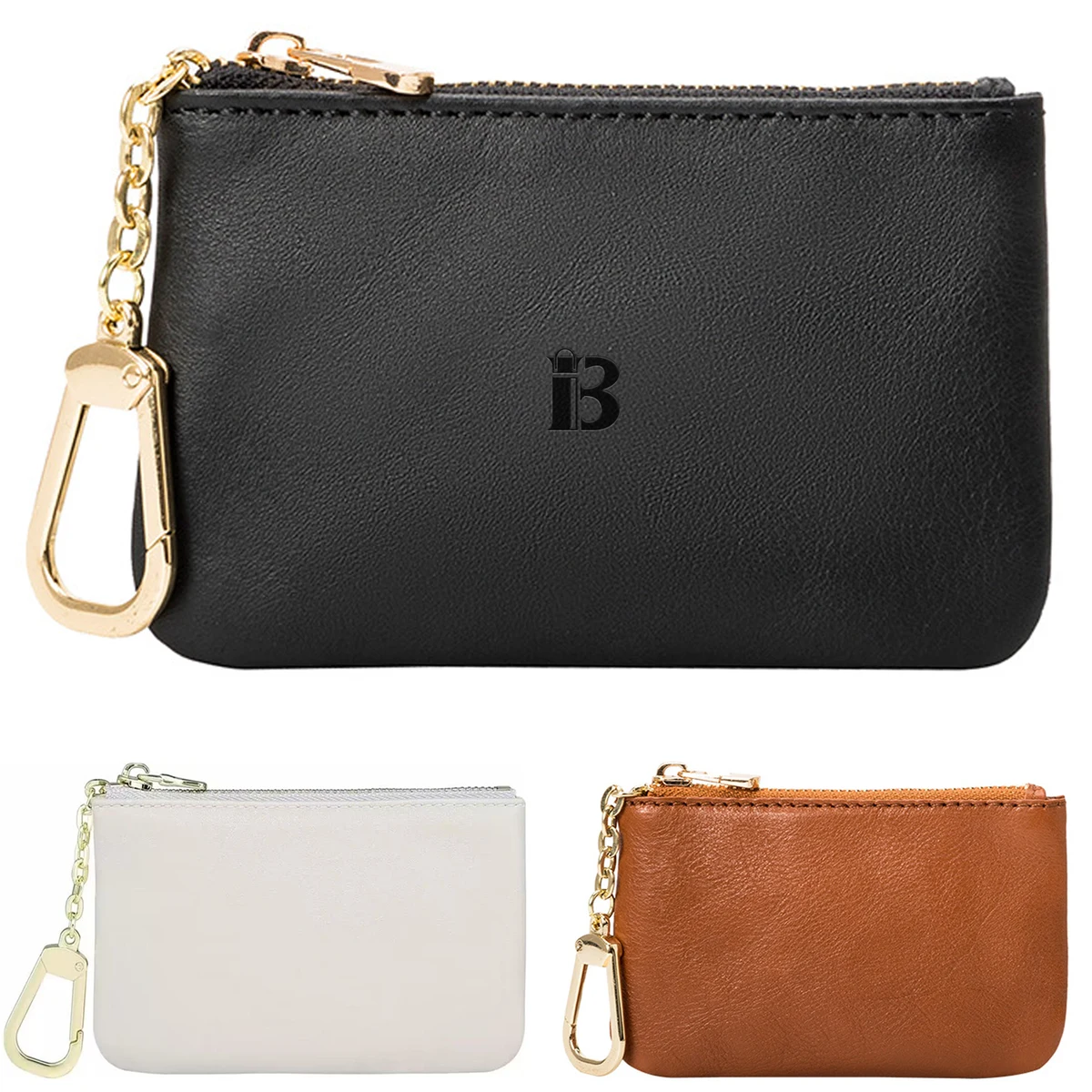 Square Zipper Genuine Leather Coin Purse w/ Keychain 1