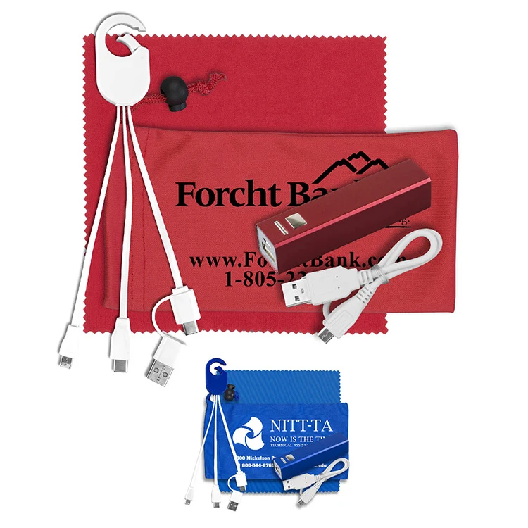 Mobile Tech Metal Power Bank Charging Kit in Microfiber Cinch Pouch Components inserted into Zipper 1