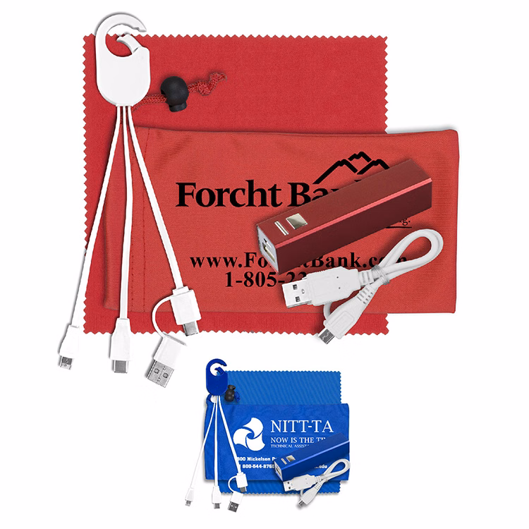 Mobile Tech Metal Power Bank Charging Kit in Microfiber Cinch Pouch Components inserted into Zipper