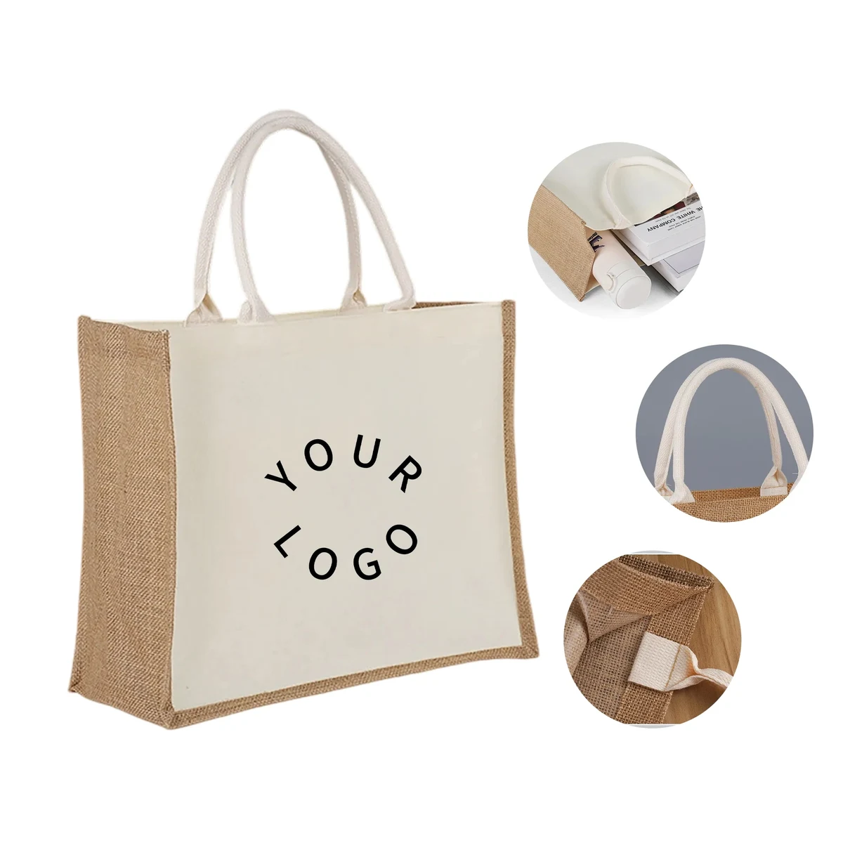 Eco-Friendly Jute Tote Bag with Canvas Panel for Custom Prin, custom tote bag with logo imprint 1
