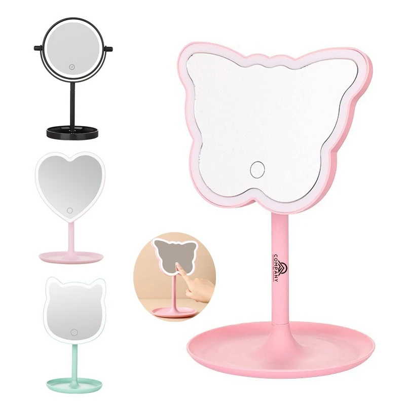 Pink Cartoon Backlit Lighted Glass Mirror Tabletop Stand Cat Mirrors Led Light Makeup Mirror 1