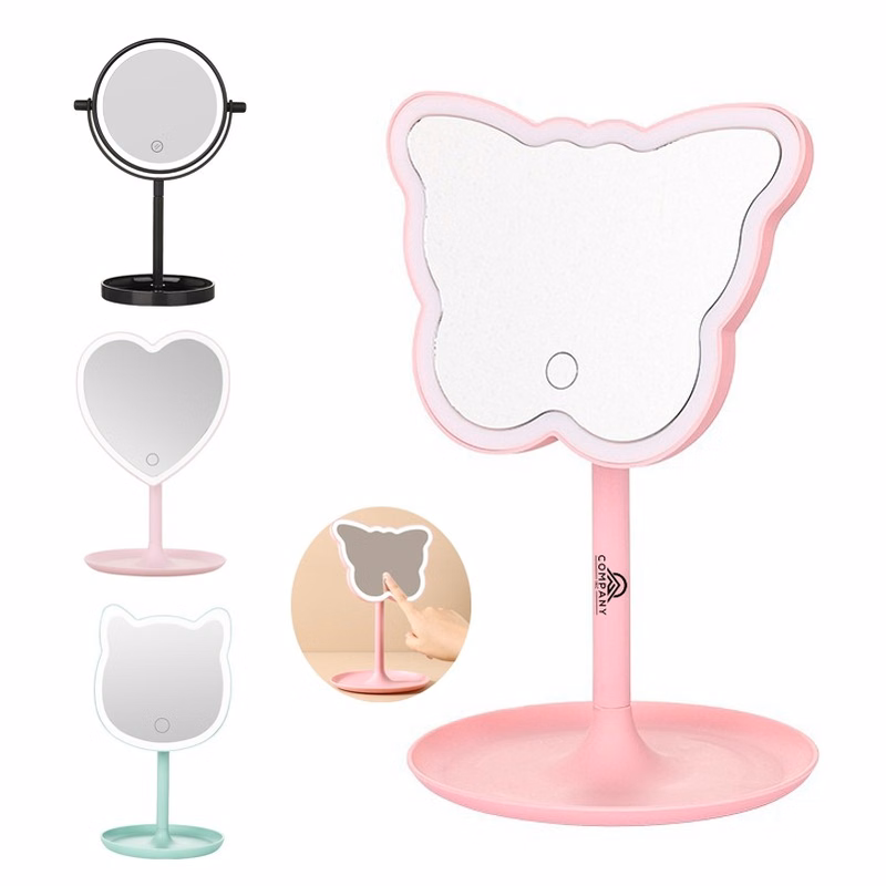 Pink Cartoon Backlit Lighted Glass Mirror Tabletop Stand Cat Mirrors Led Light Makeup Mirror