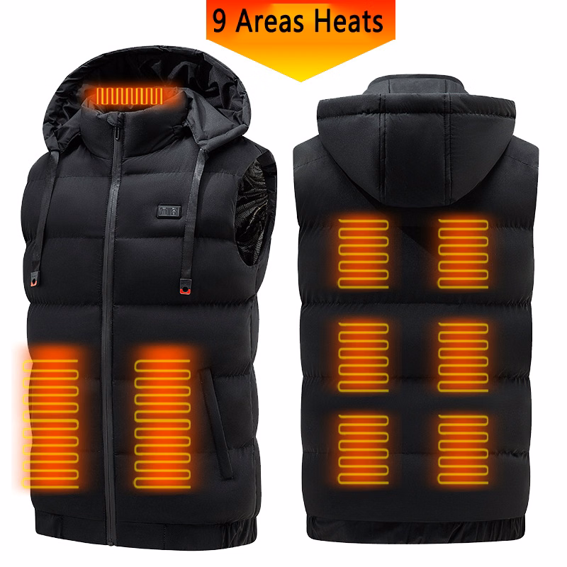 9 Areas Heated Vest Removable Hat w/Two Button Control