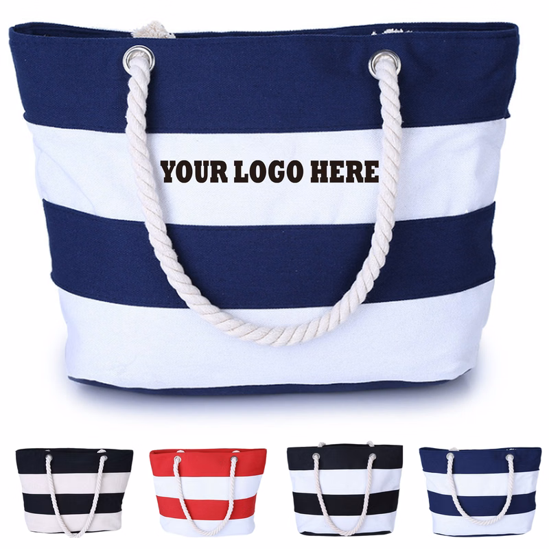 Striped Canvas Shopping Tote Bag
