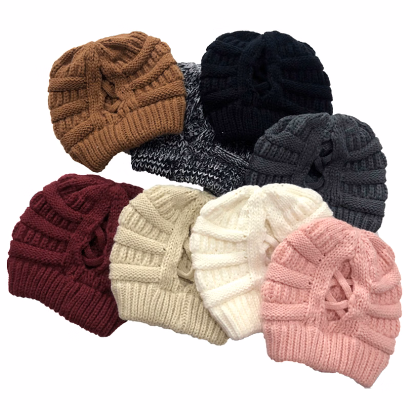 Winter Knitted Ponytail Beanie Hat With Mask Button