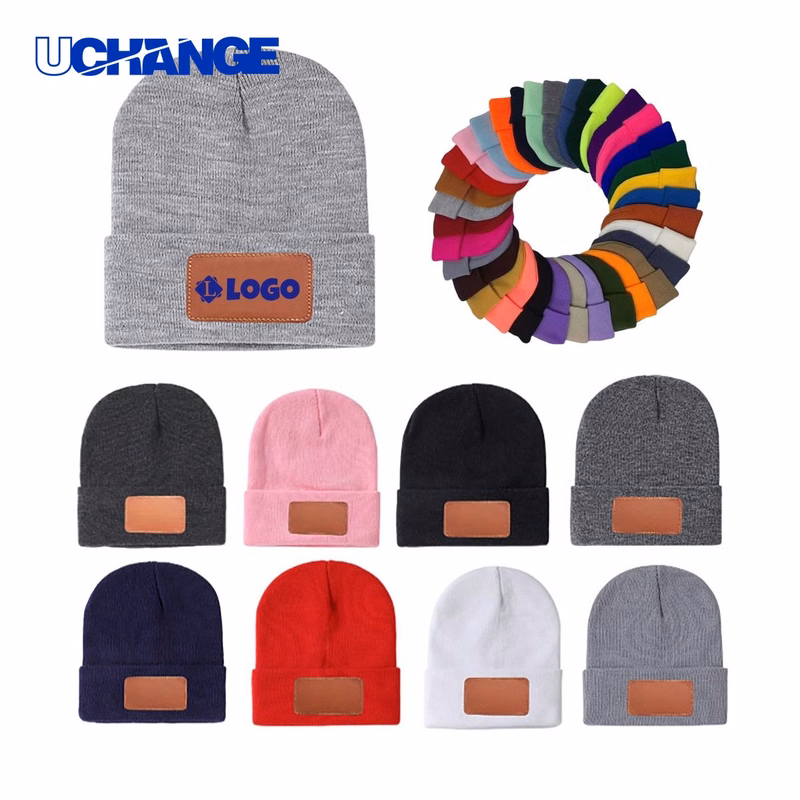 PU Leather Patch Beanie Hat
