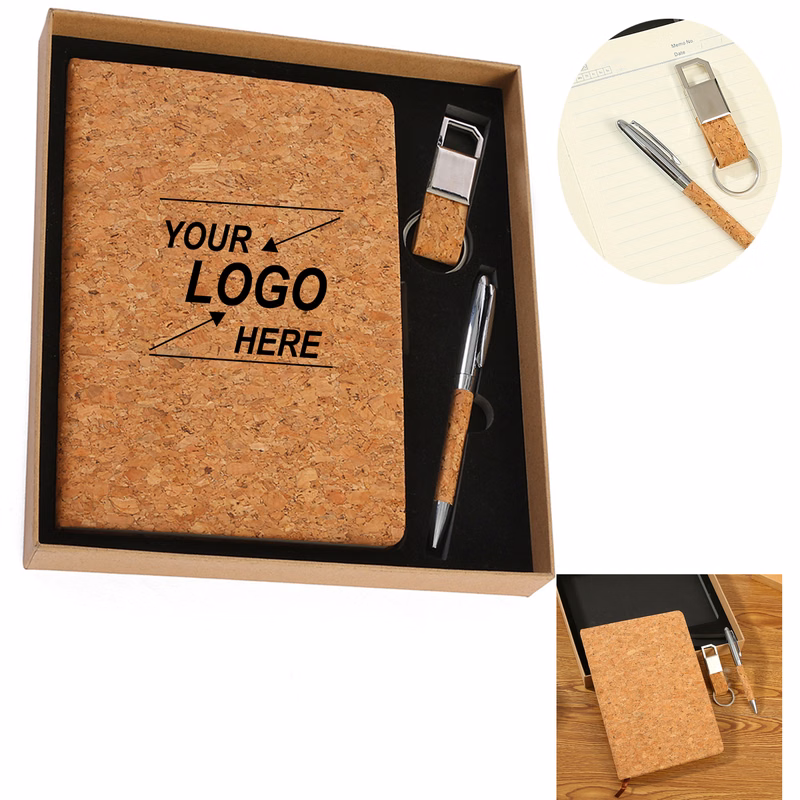Cork Notebook with Pen and Keychain Gift Set