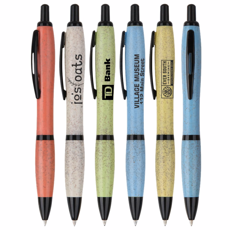 Eco Friendly - Click Action Pen - Solid Colored Wheat Straw Barrels with Grip and Black Metal Clip