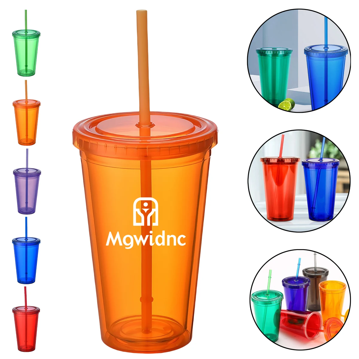 500ml Double Wall Plastic Straw Cup with Lid, custom plastic cup with logo imprint 1