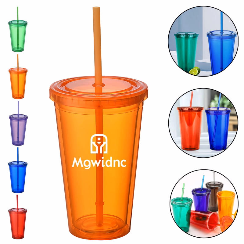 500ml Double Wall Plastic Straw Cup with Lid