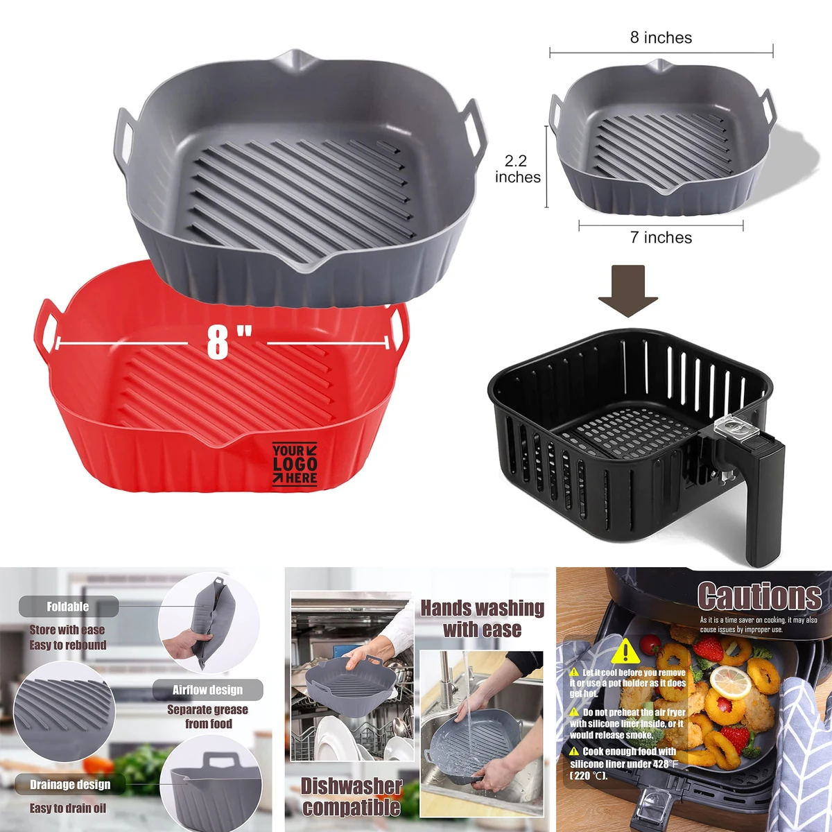 Square Silicone Liner 8 Inch Air Fryer Non-stick Food-grade Reusable Baking Tray 1