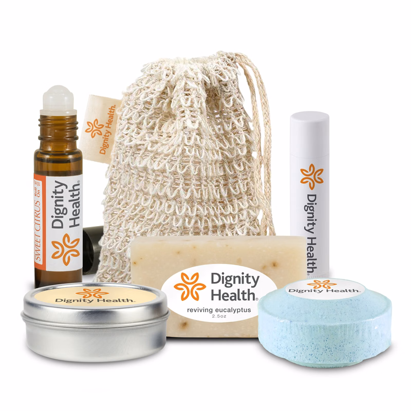 Loofah Bag with Roll-on Essential Oil, Mini Soap, Shower Steamer, Candle Tin, and Lip Balm