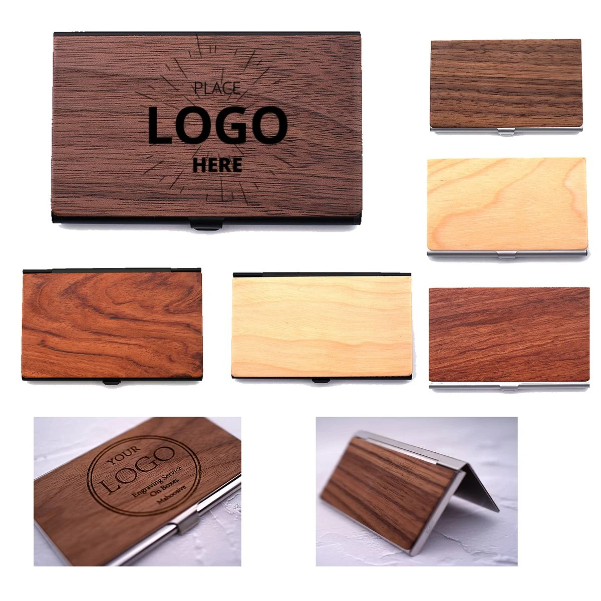 Custom Laser Logo Printed Wood & Aluminum Card Holder Case 1