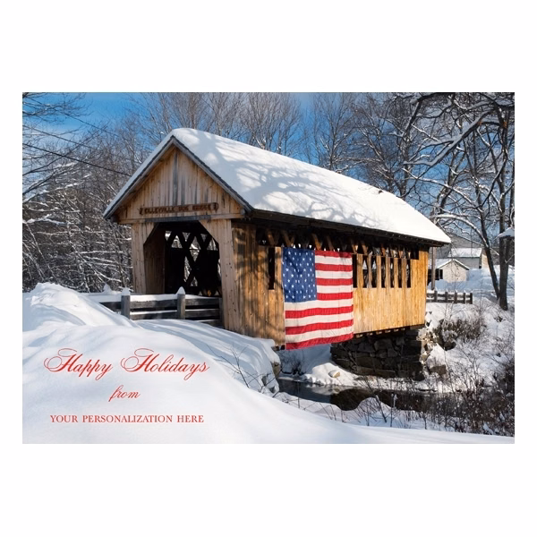 Patriotic Covered Bridge Winter Snow Scene