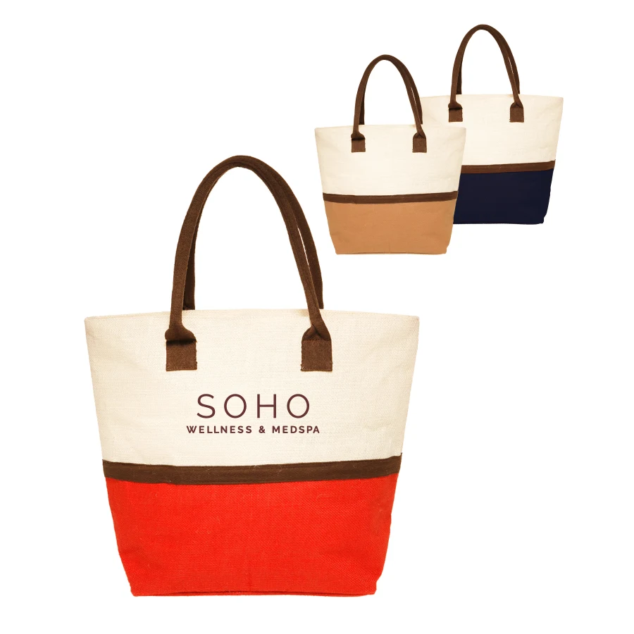 Union Printed - Two-Tone Jute Beach Tote Bags, custom tote bag with logo imprint 1