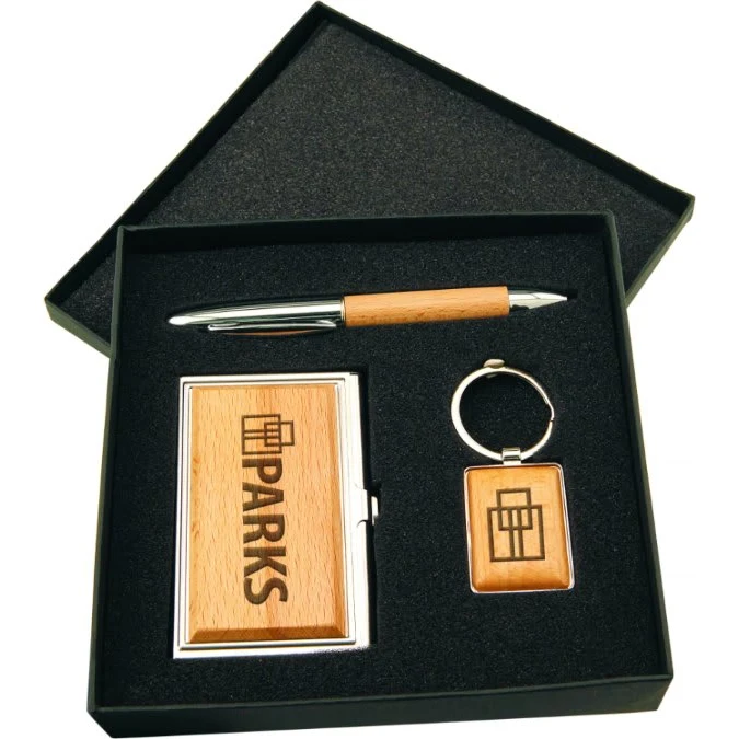 Maple/Silver Finish Gift Set with Business Card Case, Pen & Keychain 1