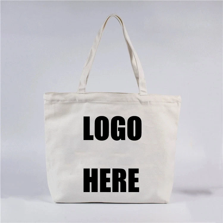 Custom White Canvas Tote with Zipper, custom tote bag with logo imprint 1