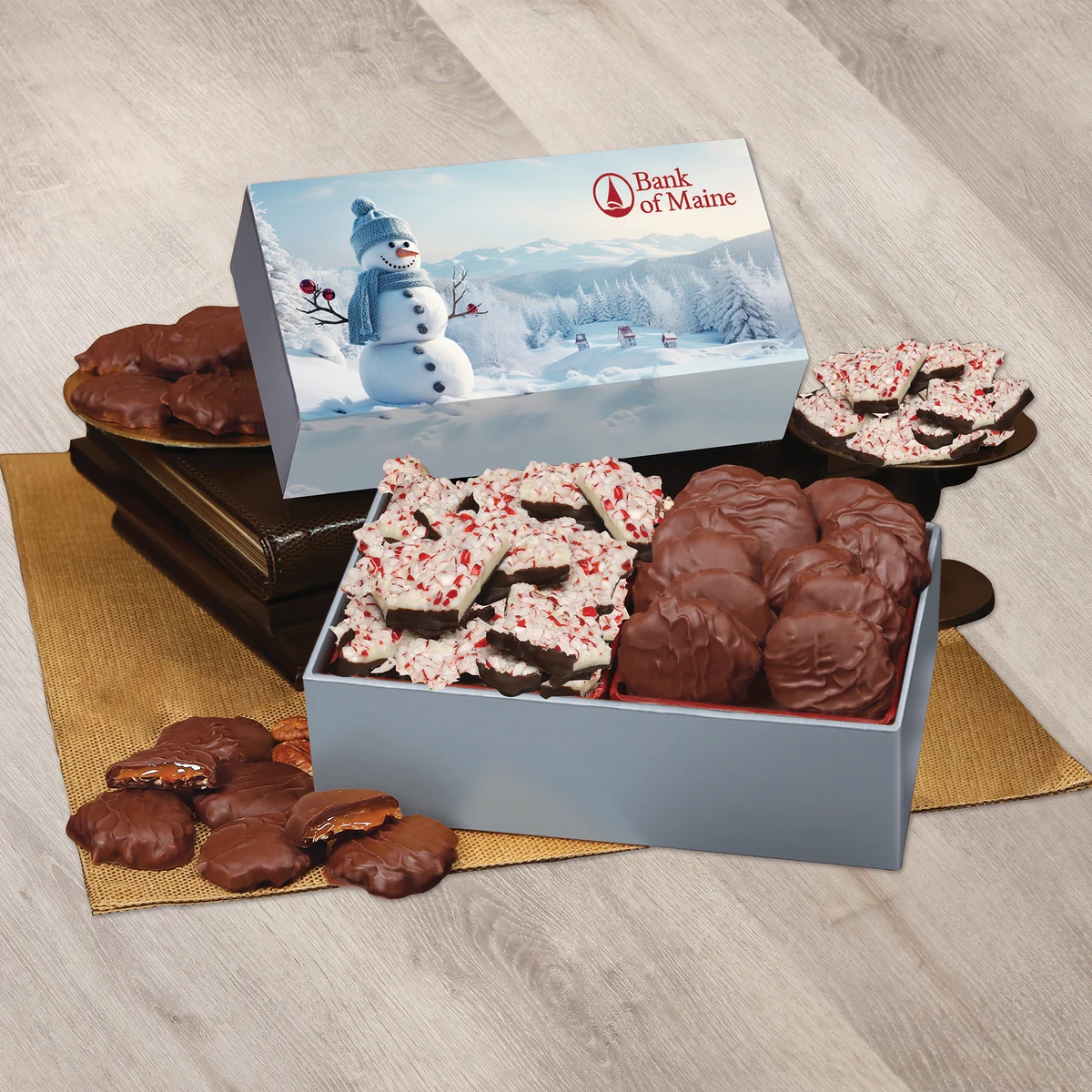 Peppermint Bark & Pecan Clusters in Gift Box with Blue Snowman Sleeve 1