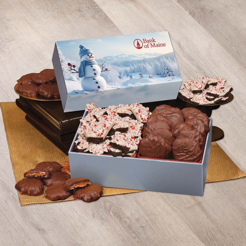 Peppermint Bark & Pecan Clusters in Gift Box with Blue Snowman Sleeve