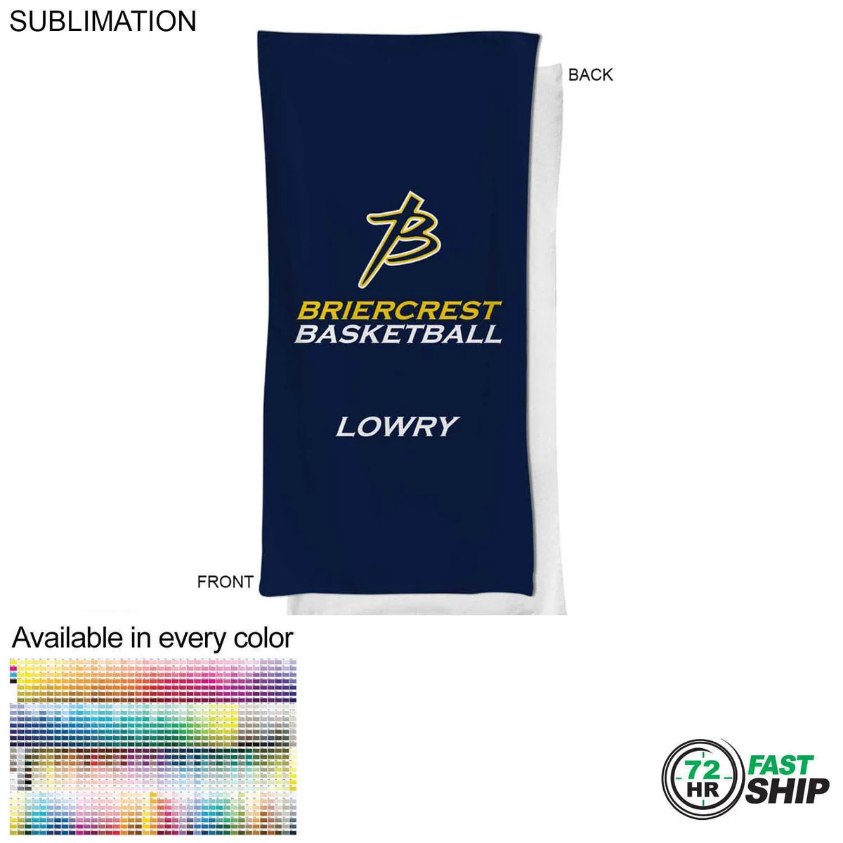 72 Hr Fast Ship - Team Towel in Microfiber Dri-Lite Terry, 20x40, Sublimated bench, neck towel 1