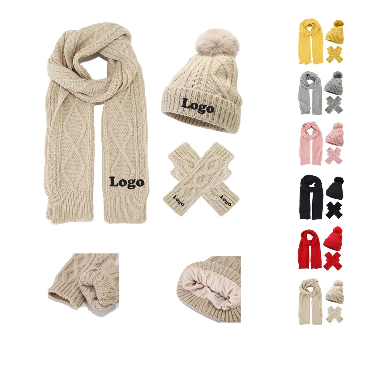 3Pcs Knit Set Hat Neck Warmer Scarf Touch Screen Gloves 1
