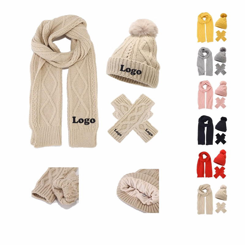 3Pcs Knit Set Hat Neck Warmer Scarf Touch Screen Gloves