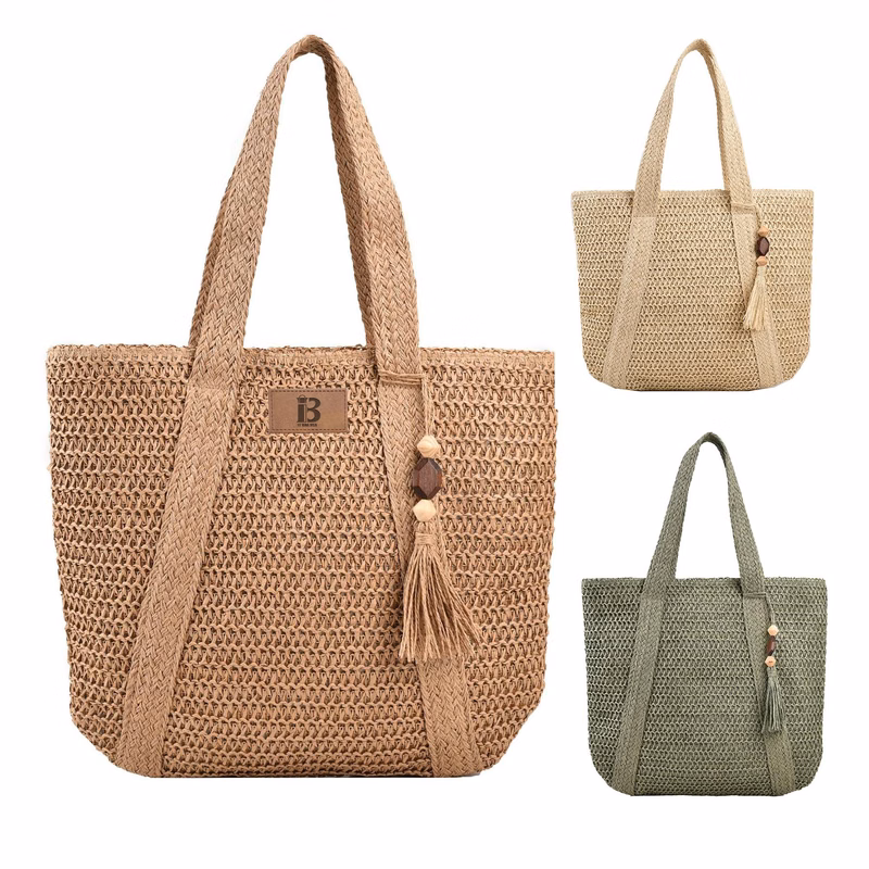 Jute Straw Beach Tote Bag Summer Woven with Tassels
