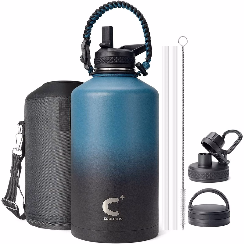 Water Bottle Insulated with Paracord Handle & 3 Lids, 64oz Water Jug Big Large Metal Stainless Steel