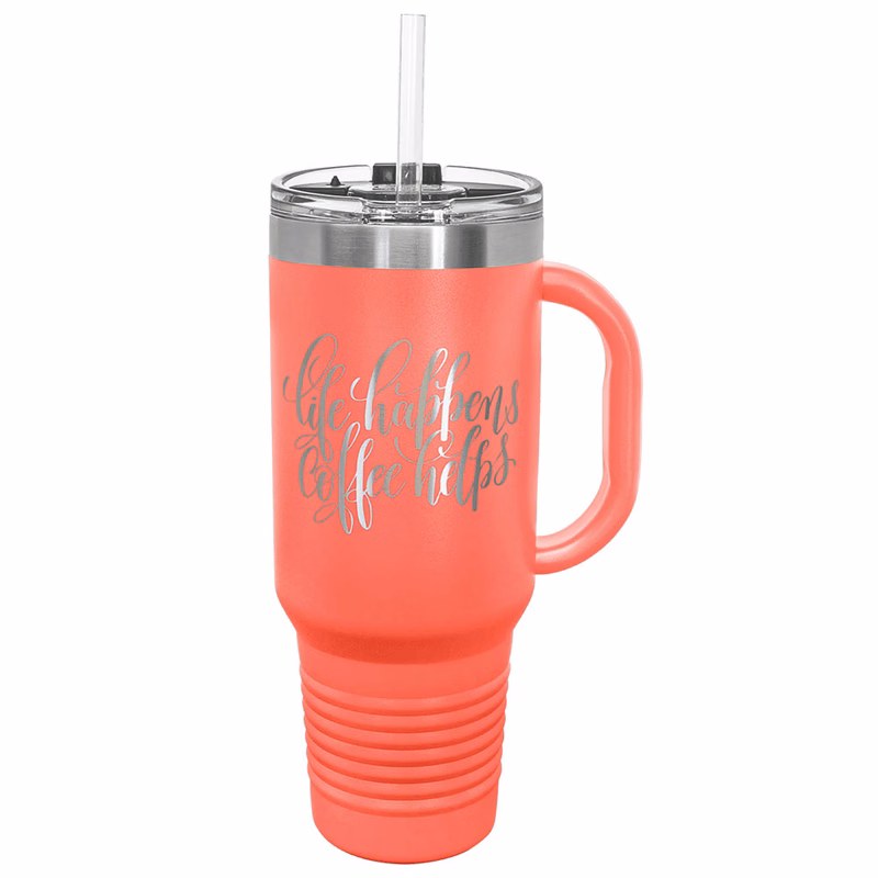 40 Oz Coral Tumbler Mug w/Handle and Snap Lid