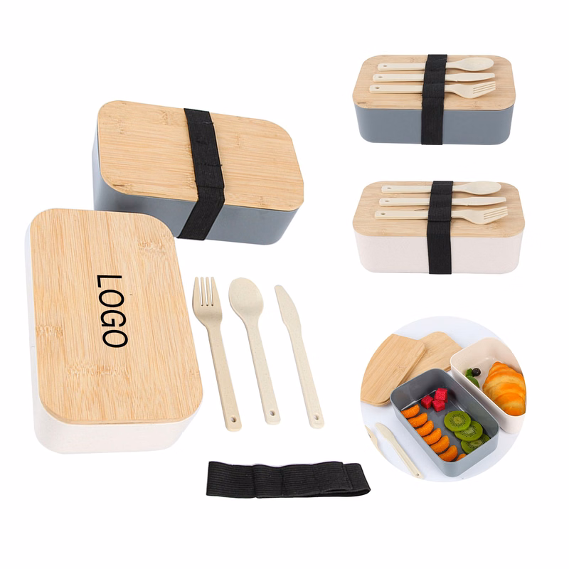 Wheat Straw Lunch Box With Nature Bamboo Lid And Utensils