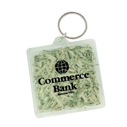 USA Made, Square Shaped Key Tag filled with Shredded Genuine US Currency 1