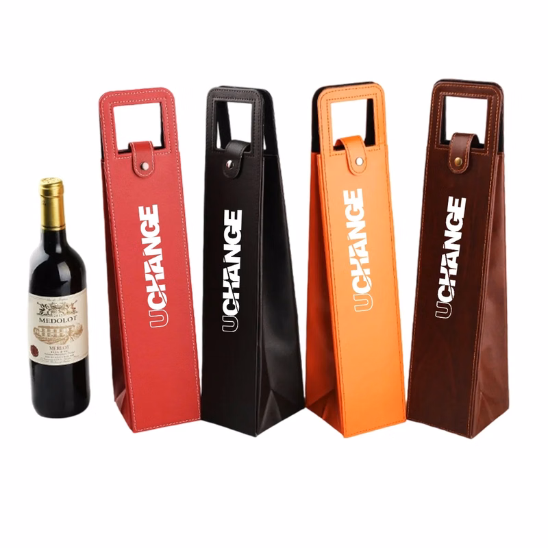 PU Leather Single Bottle Wine Tote With Handle Slot