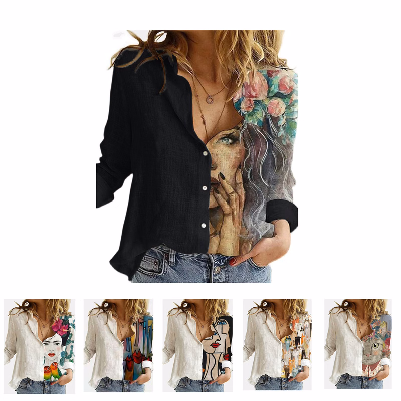 Womens V Neck Printed Long-sleeved Shirt