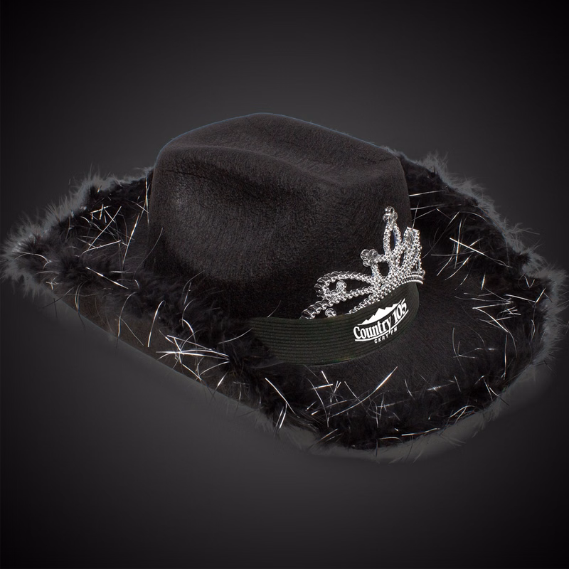 Black Light Up Cowboy Hat w/ Tiara and Feather(Black Imprinted Band)