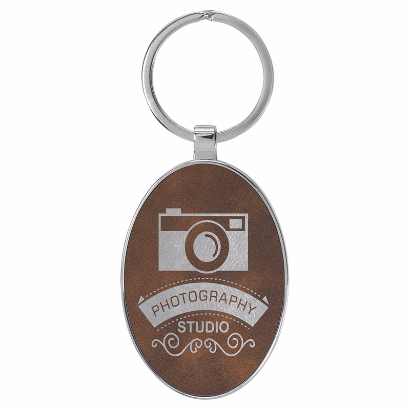 3" x 1 3/4" Leatherette/Metal Rustic/Silver Oval Keychain