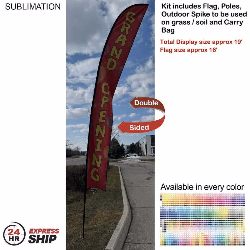 24Hr Express Ship -19' X-Large Feather Flag Kit, Full Color Graphics Double Sided, Spike and Bag