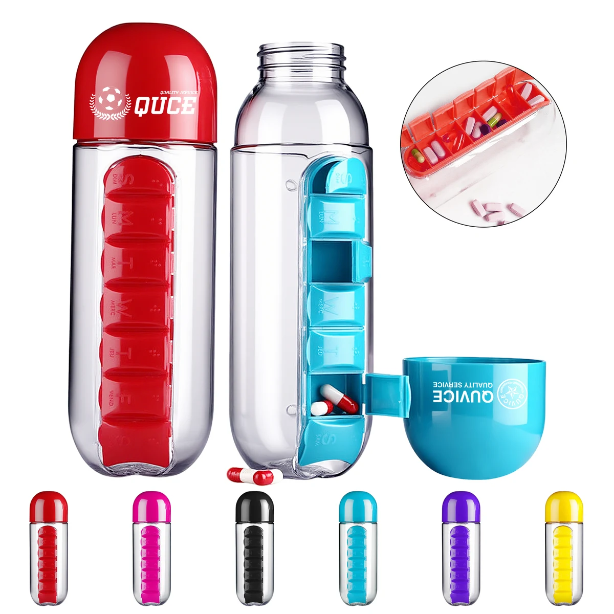 20 OZ Portable 7-Day 2-In-1 Plastic Pill Case With Water Bottle 1
