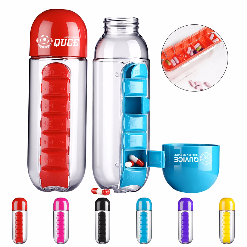 20 OZ Portable 7-Day 2-In-1 Plastic Pill Case With Water Bottle