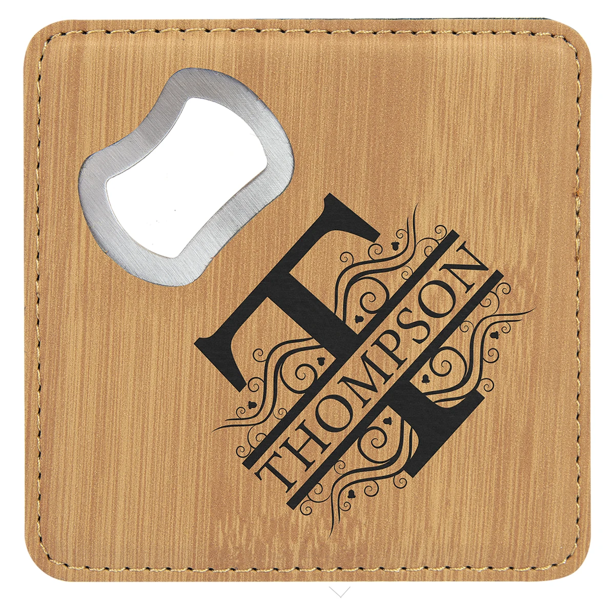 4" x 4" Square Bamboo Leatherette Coaster w/ Bottle Opener 1