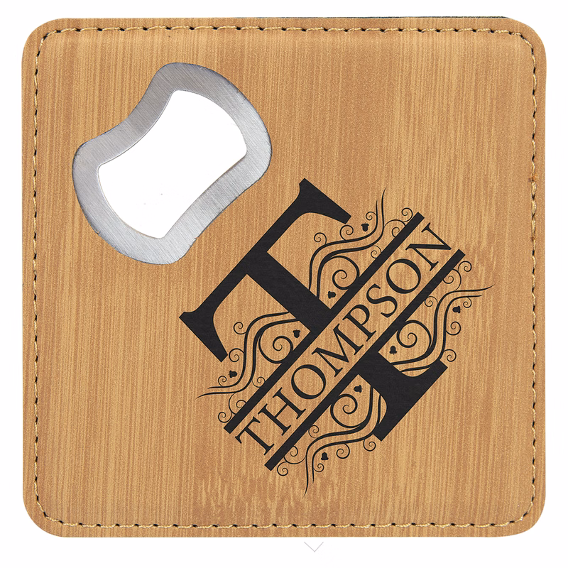 4" x 4" Square Bamboo Leatherette Coaster w/ Bottle Opener