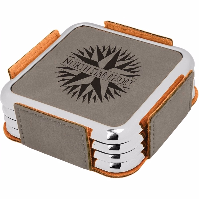 3 7/8" Square Coaster w/Silver Edge Gray Leather Coaster Set
