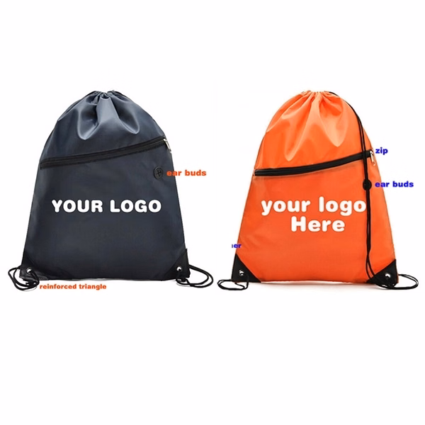 Drawstring Bag w/ Zippered In Front Built -Slot For Ear Buds