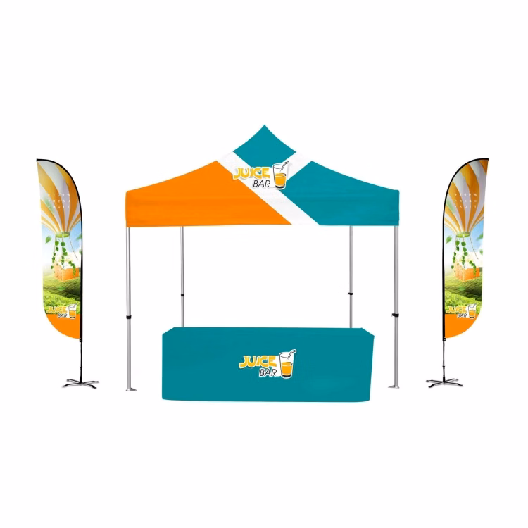 10x10ft Deluxe Kit-Black Steel Frame Tent Kit, 2 Feather Flags & 6' Table Cover