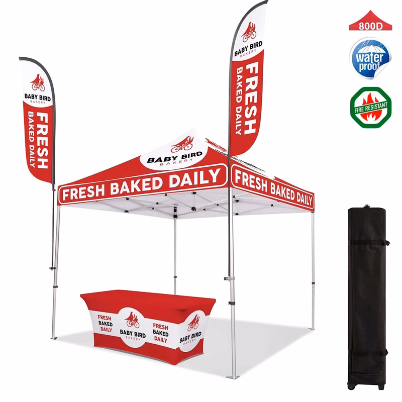10ft x 10ft Canopy Tent with Feather Flag & 6ft Table Cover